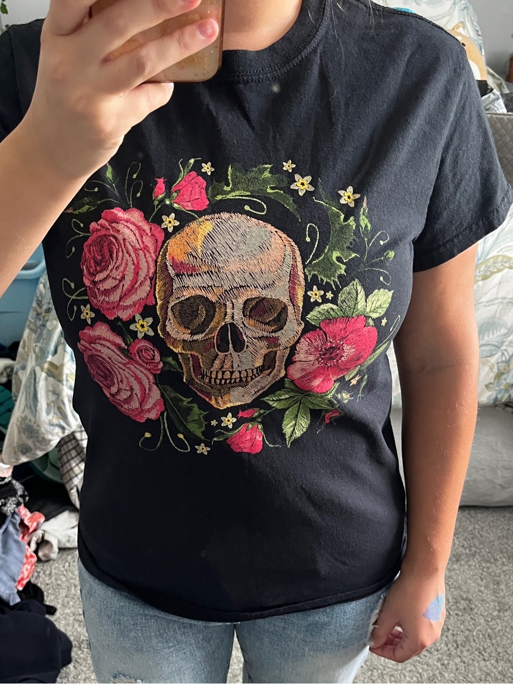 Gildan Black Tee with Skull and Floral Design
